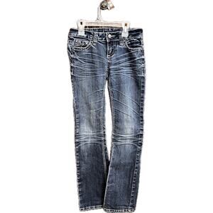 Soundgirl distressed jeans Junior sz 3. Low rise, bootcut Dark wash, bling Bratz